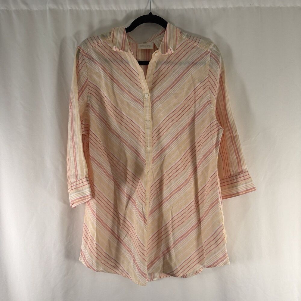 Chico's 100% Linen Blouse Women's 2 Large Pink Yellow 3/4 Sleeve Non Iron Button